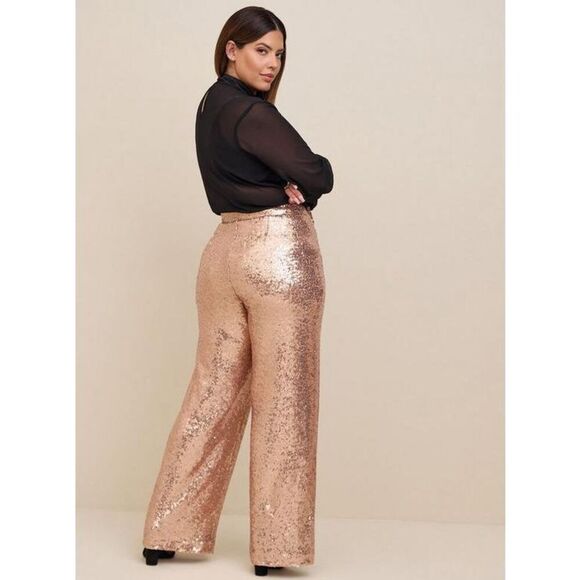 Torrid Pull-On Wide Leg Sequin High-Rise Pants size 00R US M 10 Champagne Beige - Picture 2 of 9